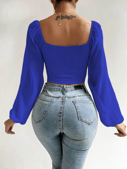 Cuello cuadrado de cordón trenzado Ruched Manopla Corte superior-Aegean-sea