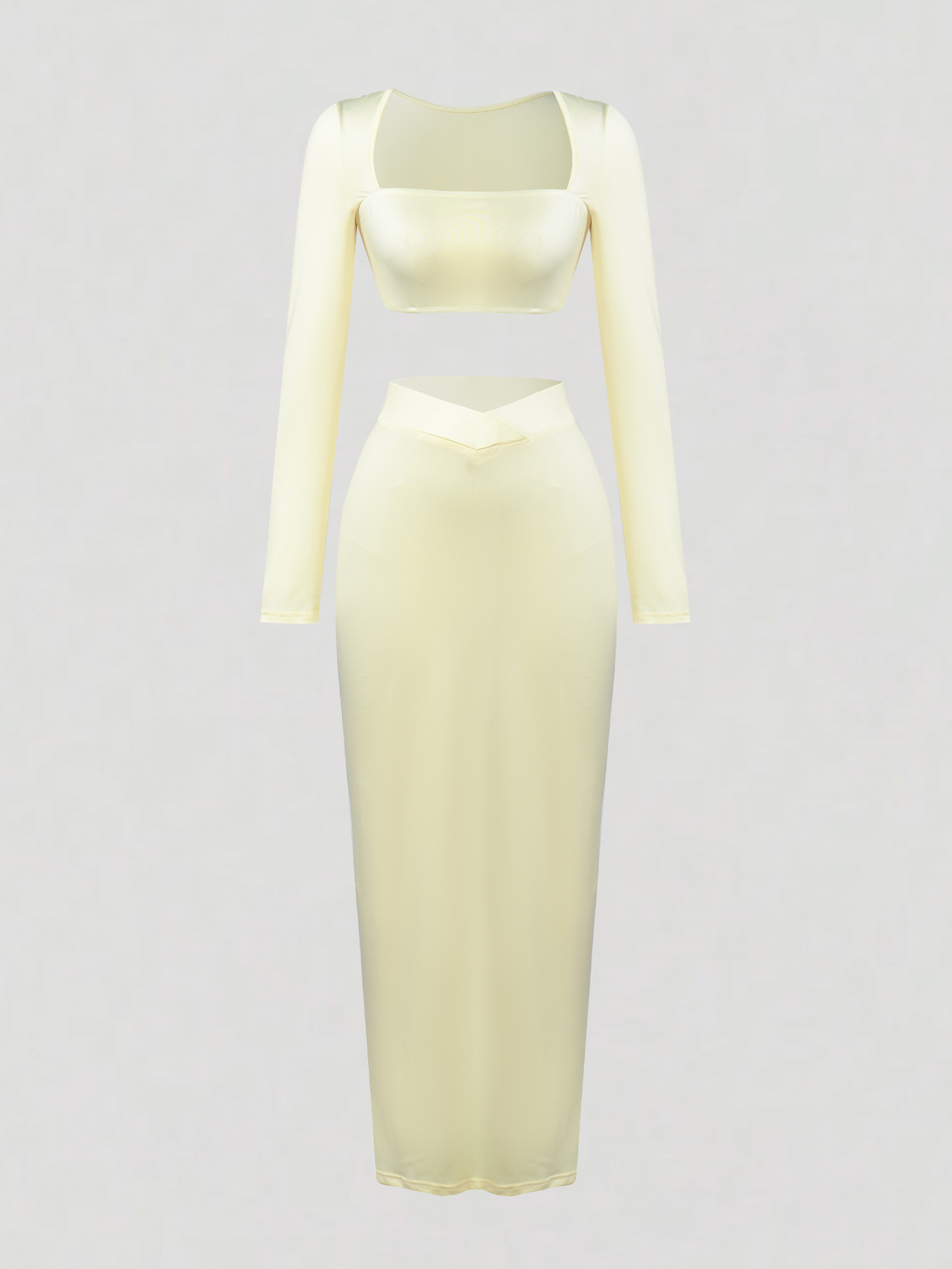 Square-neck long-sleeve two-piece set, fitted crop top, bodycon long skirt, solid color slim-fit suit-Aegean-sea