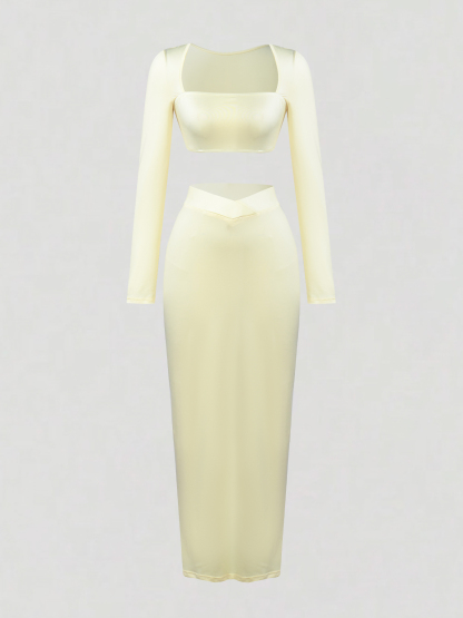 Square-neck long-sleeve two-piece set, fitted crop top, bodycon long skirt, solid color slim-fit suit-Aegean-sea