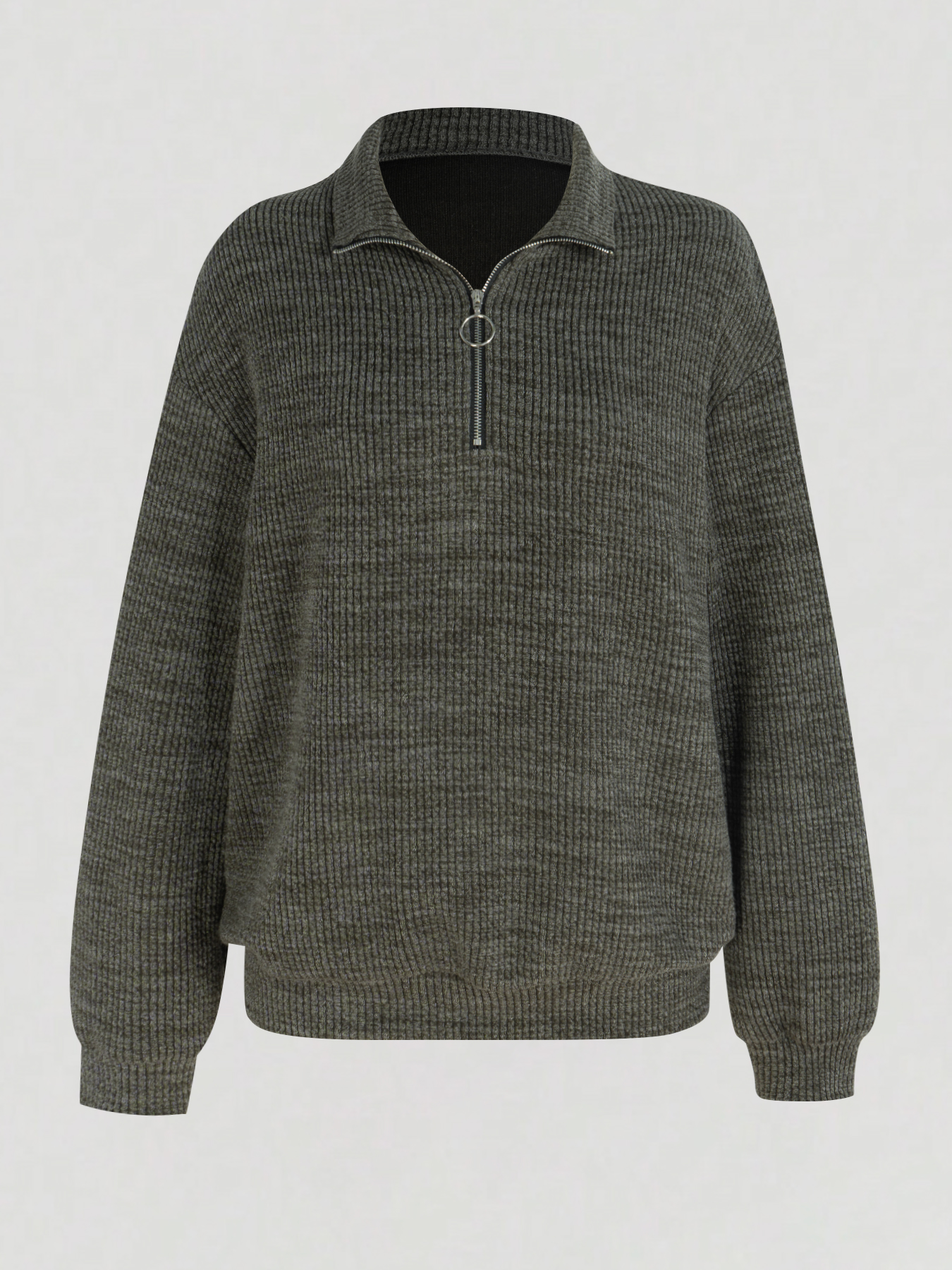 Gray Ribbed Half-Zip Polo Neck Knit Sweater-Aegean-sea
