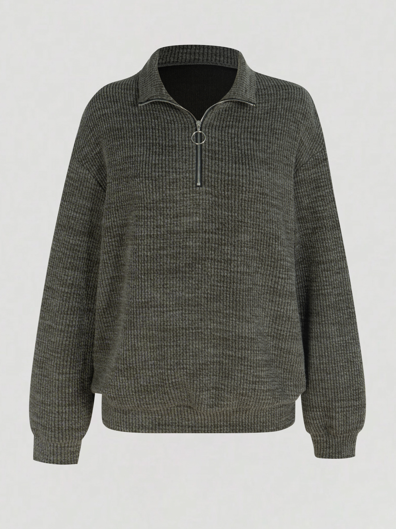 Gray Ribbed Half-Zip Polo Neck Knit Sweater-Aegean-sea