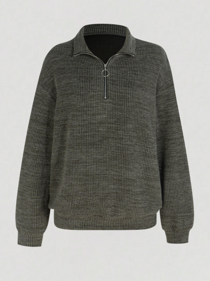 Gray Ribbed Half-Zip Polo Neck Knit Sweater-Aegean-sea