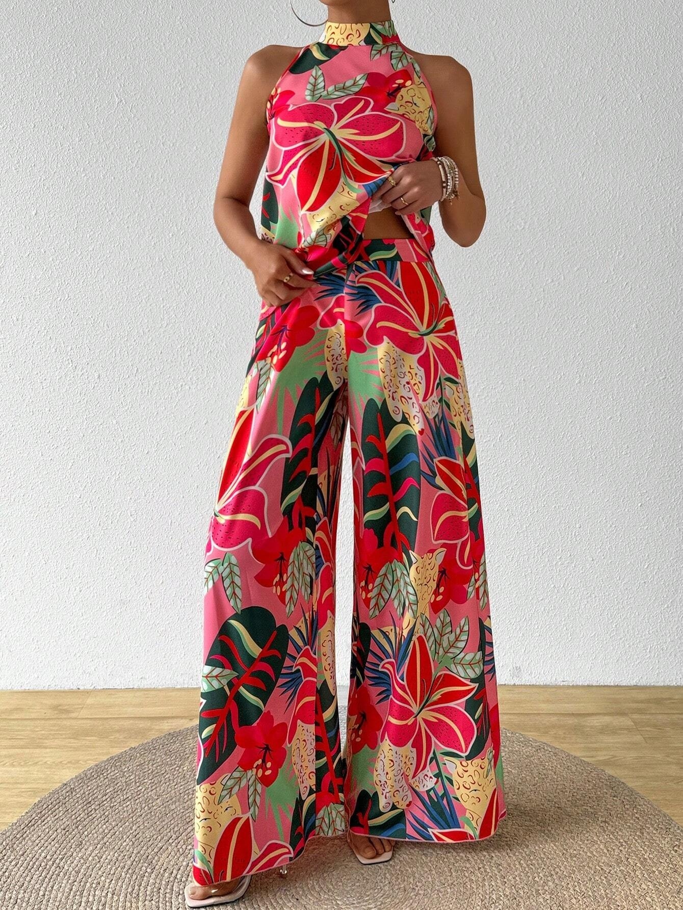 Pink Tropical Flower Neckholder Set, Holiday Wide Legs 2-piece Set