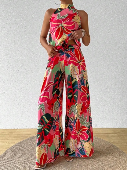 Pink Tropical Flower Neckholder Set, Holiday Wide Legs 2-piece Set