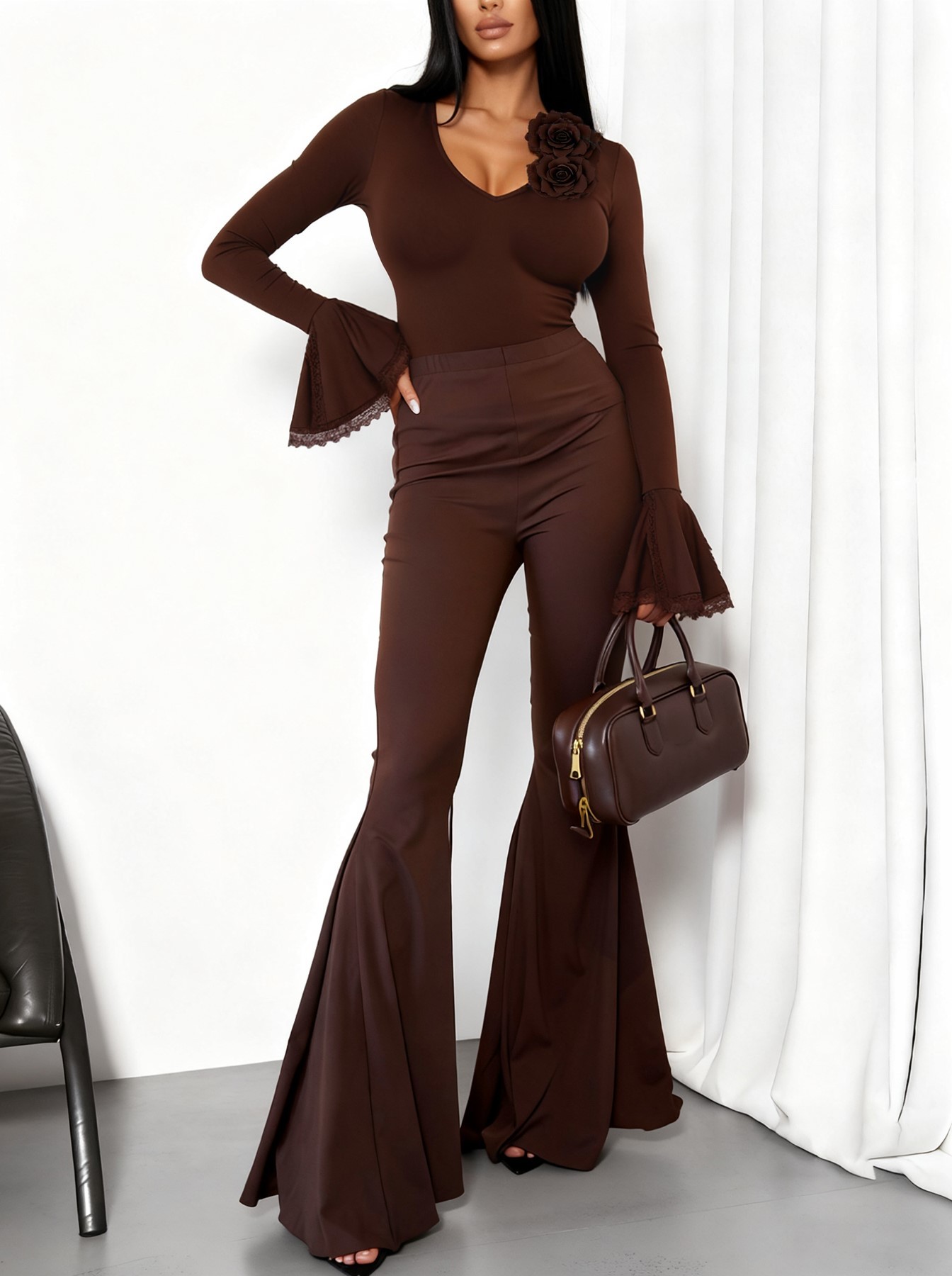 2026 Spring/Summer New Style Fashion Elegant V-neck Three-dimensional Flower Decorated Flared Sleeves Lace Splicing Slim-fit Long-sleeved Top