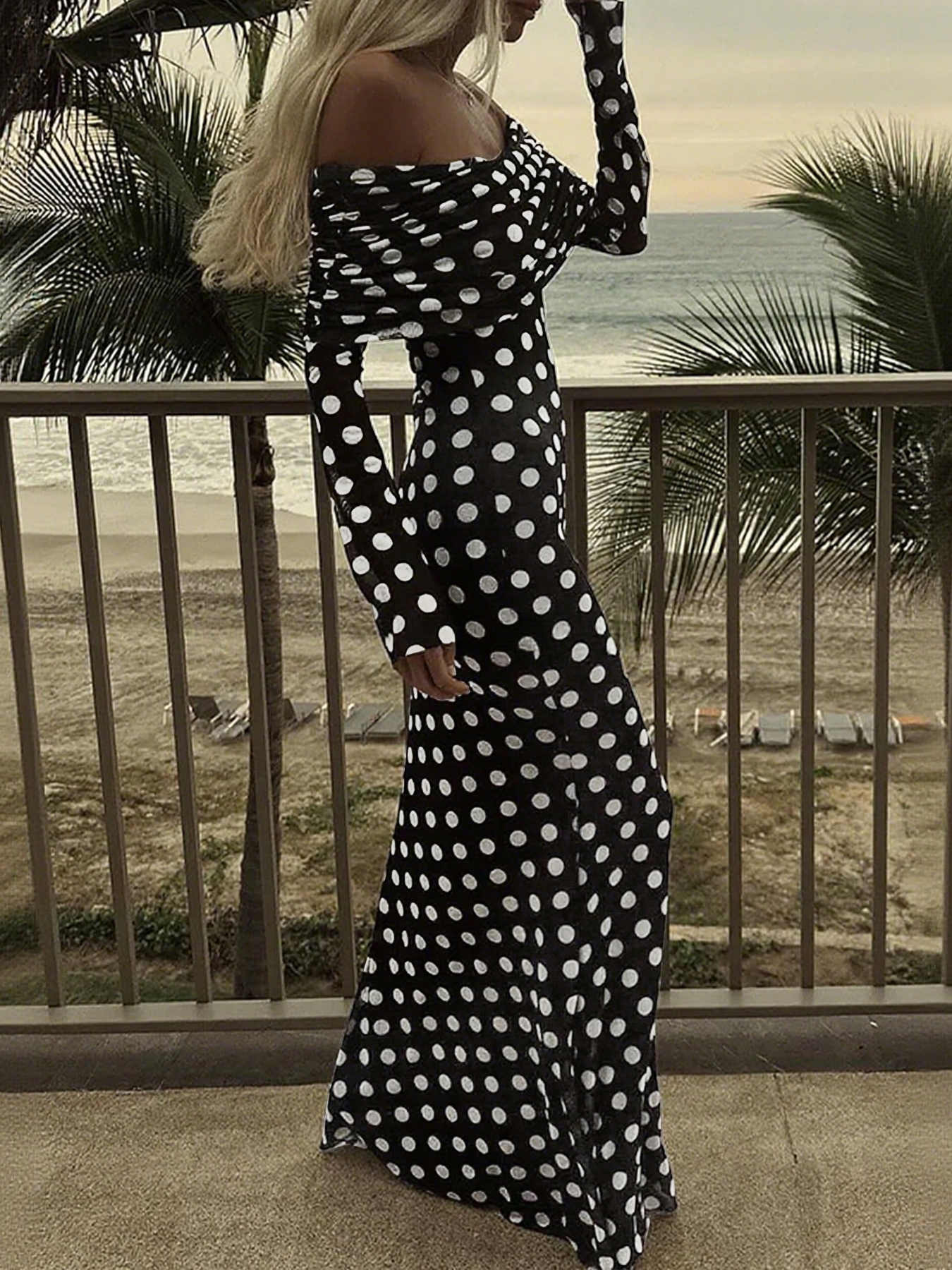 Woman's Off-the-Shoulder Long-Sleeve Polka Dot Maxi Dress-Aegean-sea