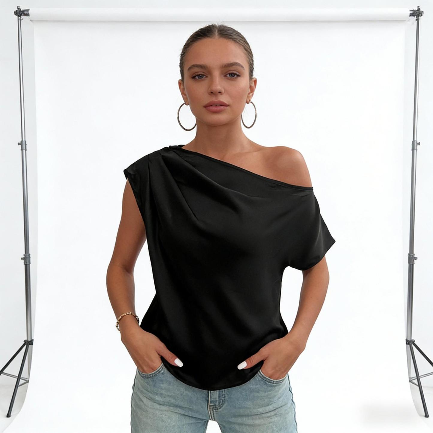 Black slouch-shouldered short-sleeved jacket Loose, bare-shouldered chiffon shirt