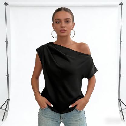 Black slouch-shouldered short-sleeved jacket Loose, bare-shouldered chiffon shirt