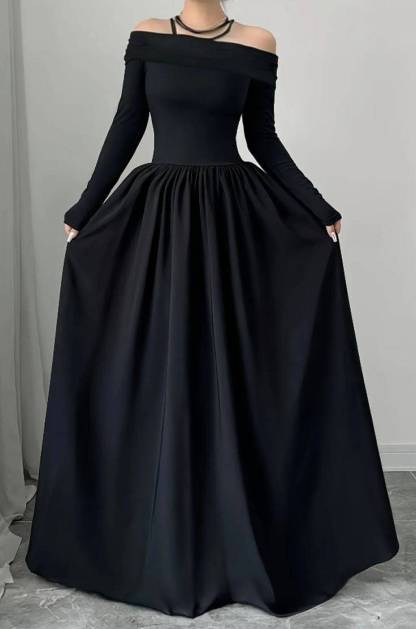 Woman's Black Off-the-Shoulder Long-Sleeve Maxi Dress with Full Skirt-Aegean-sea