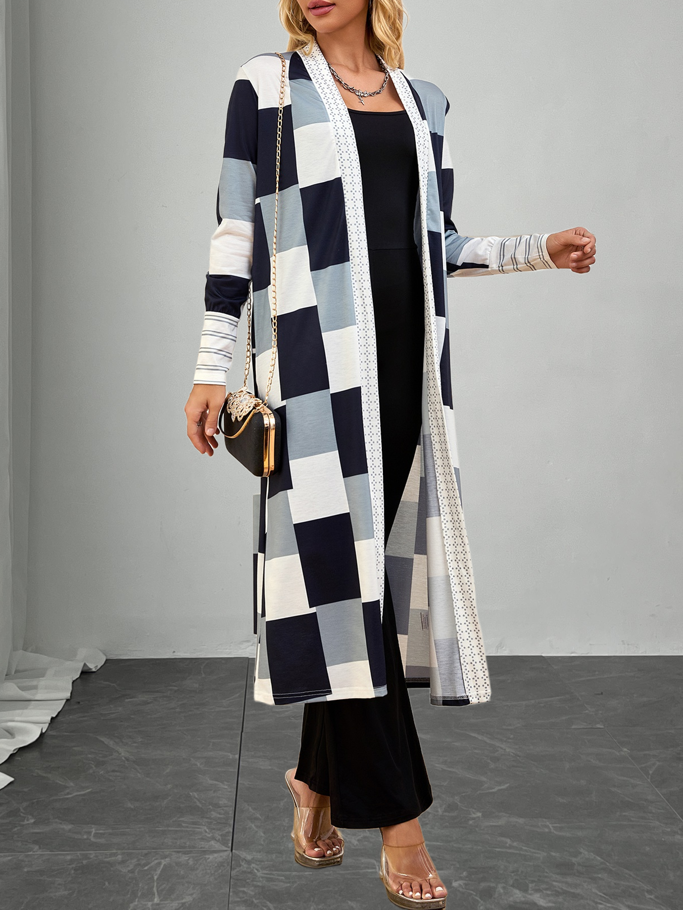 Cárdigan de manga larga de mujer con estampado a cuadros-Aegean-sea