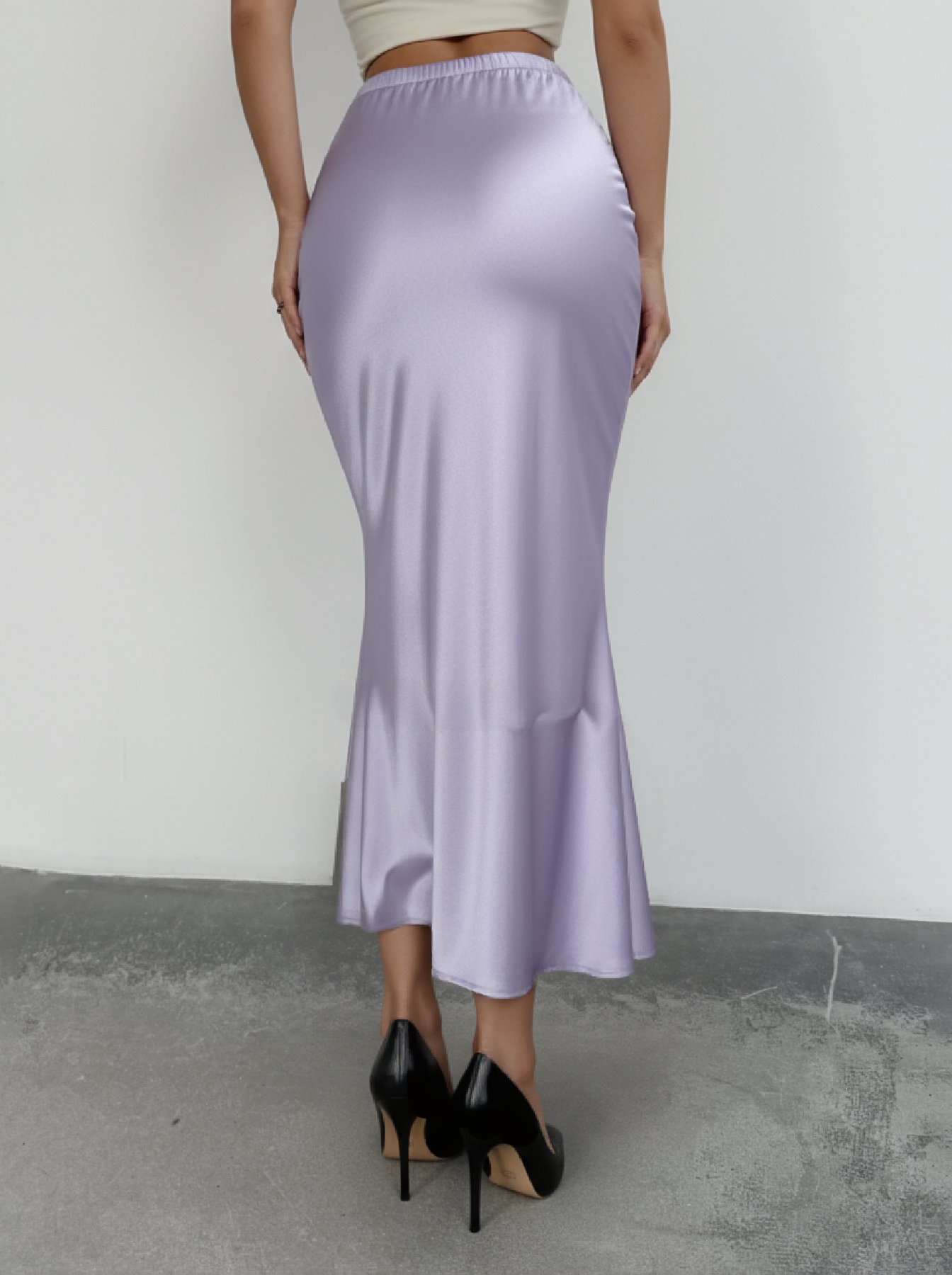 Women's Lavender Satin Midi Skirt with Ruched Asymmetric Waist Detail-Aegean-sea
