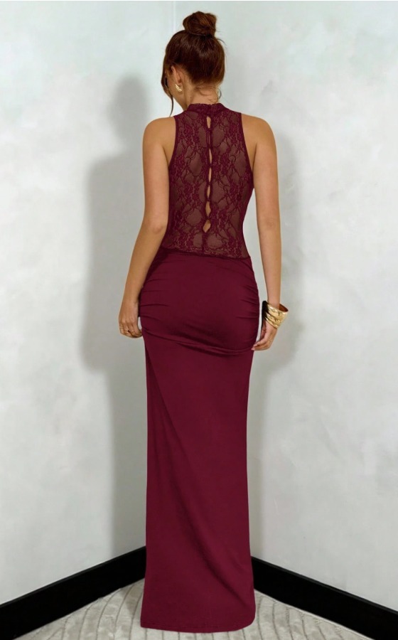 Wine-red Neckholder Lace Dress Fold-Cut Fish Tail Long Skirt Sexy Dinner Party Dress