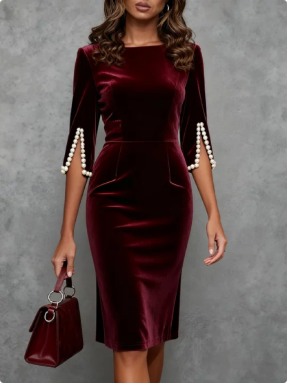 Women's Burgundy Velvet Pearl-Sleeve Bodycon Midi Dress-Aegean-sea