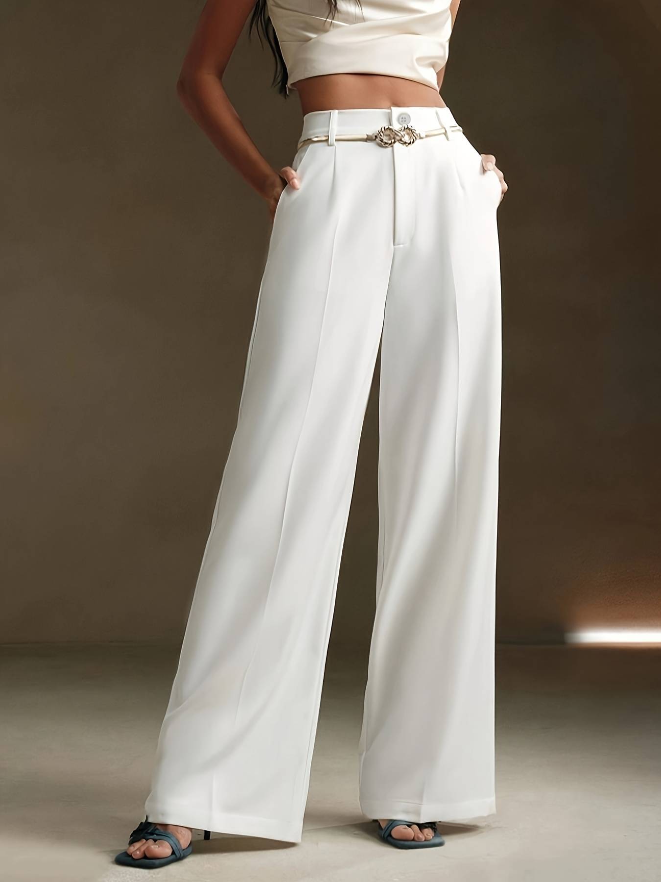 Pantalones blancos con piernas anchas y cintura alta, estilo elegante de mujer-Aegean-sea