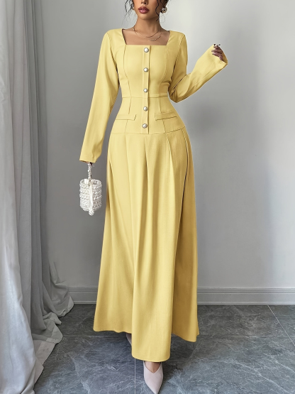 Yellow square-collared, wide-waisted long skirt, long-sleeved single-breasted style dress