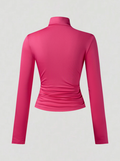 Women's Pink Turtleneck Long Sleeve Ruched Crop Top-Aegean-sea