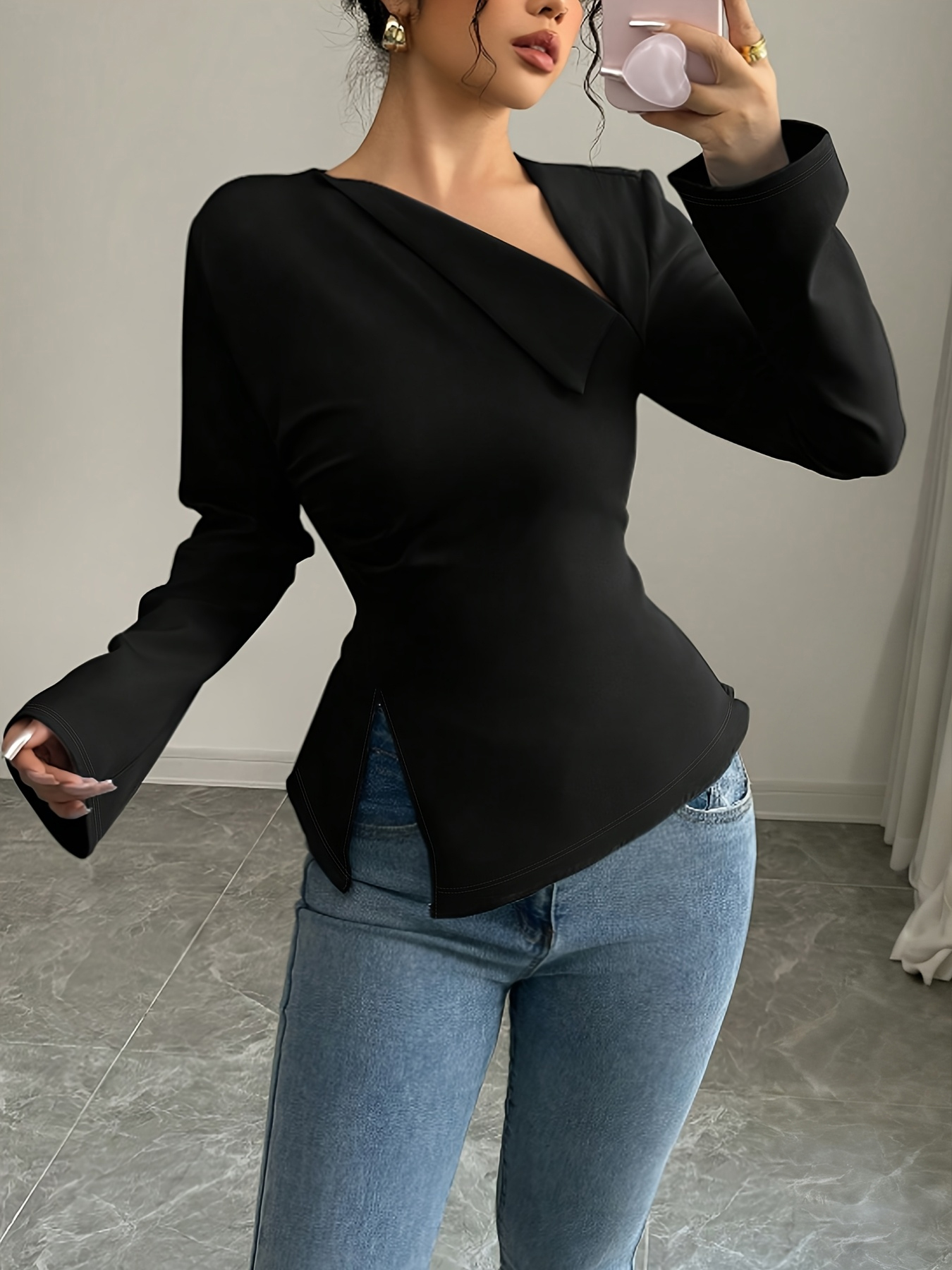 Camiseta con mangas acampanadas asimétricas de cuello para mujer con espalda de lazo y dobladillo de peplum-Aegean-sea