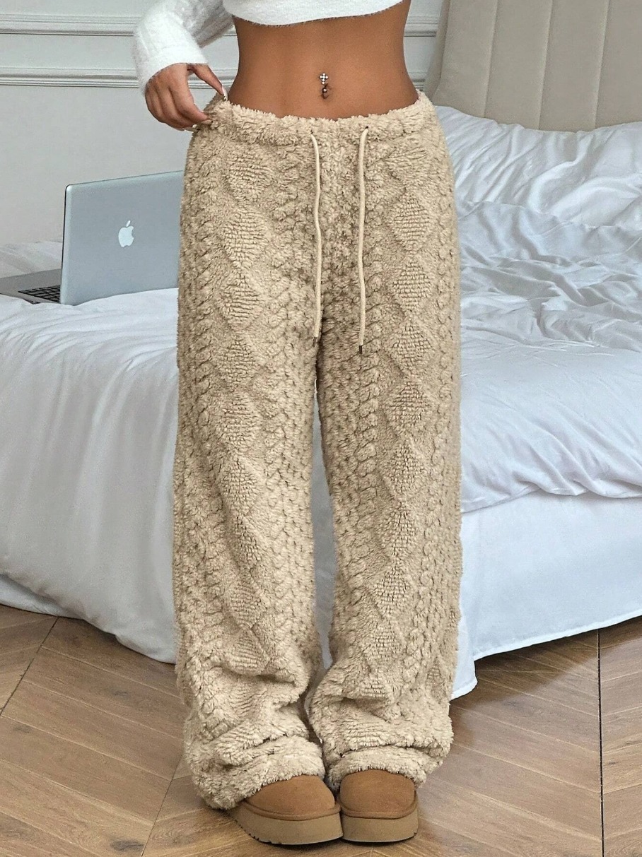 Beige Fuzzy Diamond Pattern Wide Leg Pants-Aegean-sea