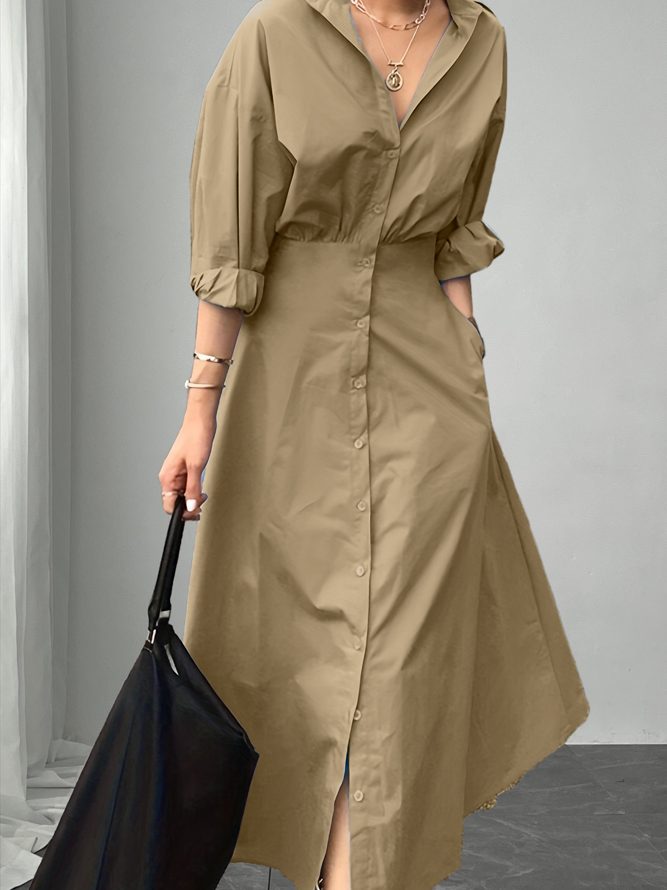 Woman's Oversized Minimalist Office Dress: Puff Sleeve Ruched Waist Split Hem Shirt Dress -Aegean-sea