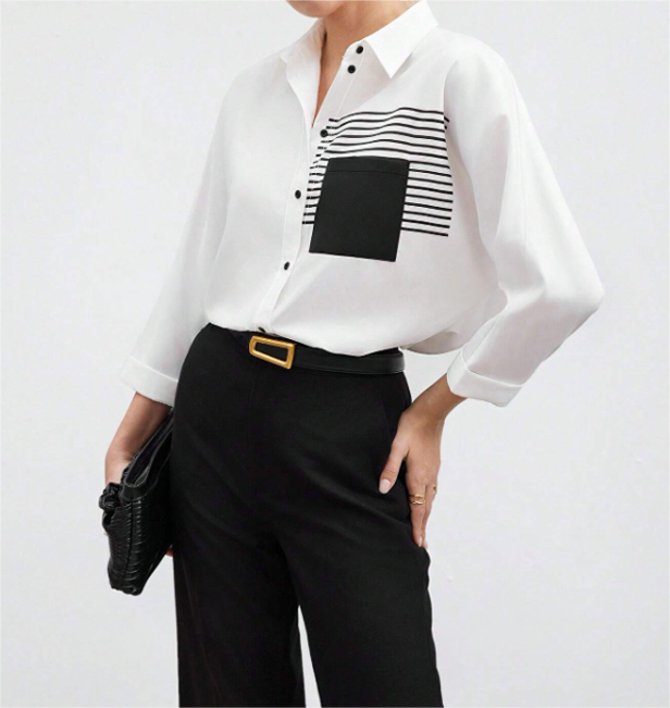 Woman's Collared Button-up Shirt with Striped & Square Patch Detail-Aegean-sea