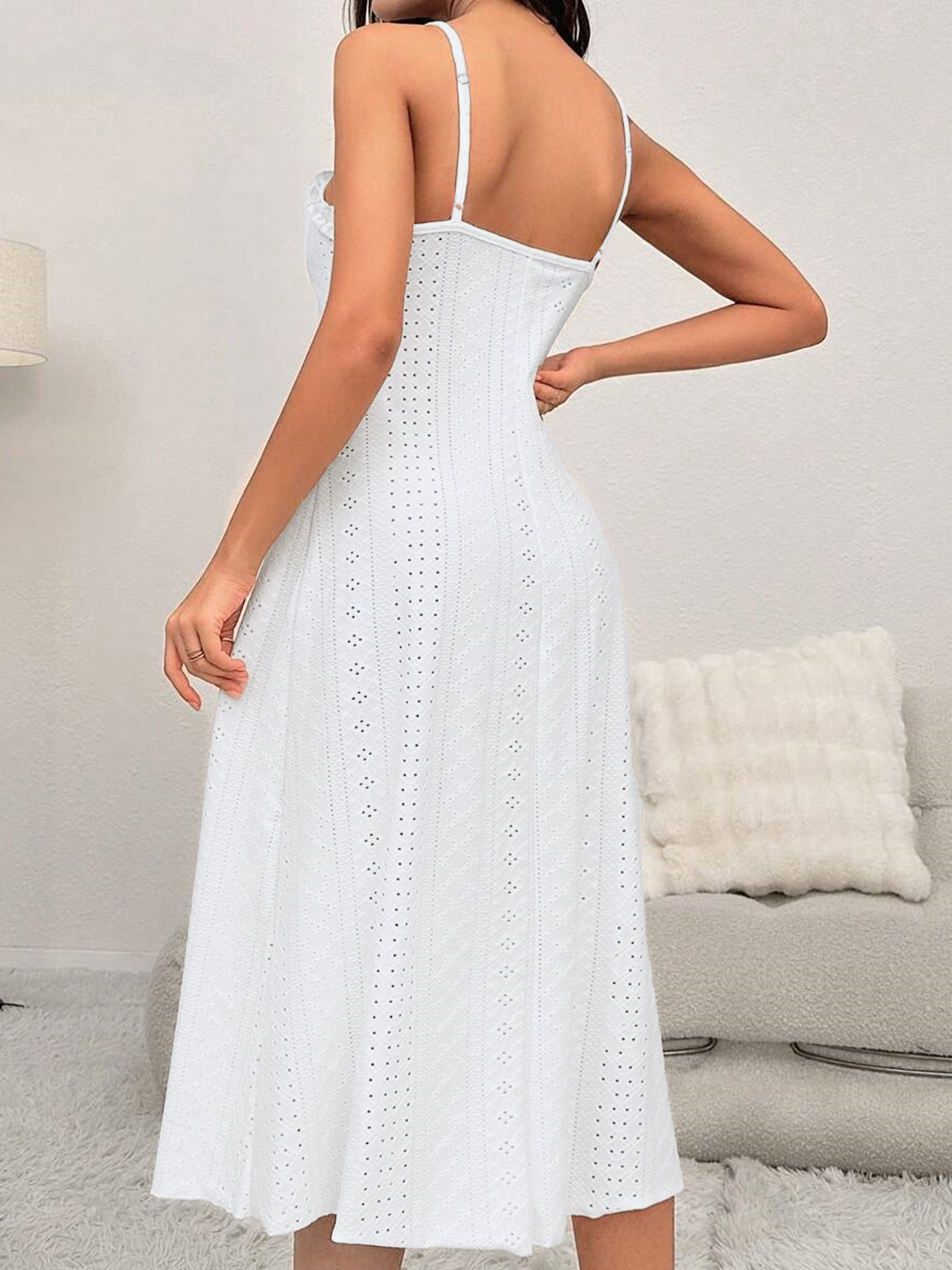 White Eyelet Embroidery Ruffle Camisole Dress & Loose Long Sleeve Cardigan Loungewear Set