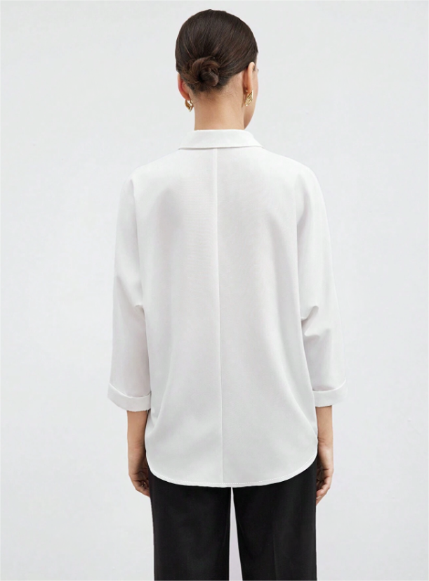 Woman's Collared Button-up Shirt with Striped & Square Patch Detail-Aegean-sea