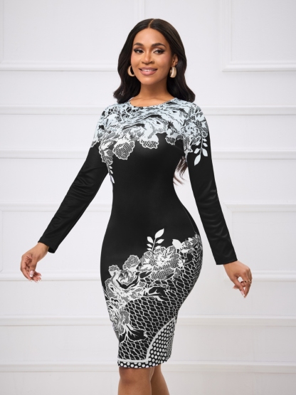 Woman's Black & White Lace Floral Print Long-Sleeve Bodycon Midi Dress-Aegean-sea