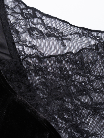 Black Velvet Lace Dress Split-Cut Long Dress Dress Sexy Long-Sleeve Bundle Tail Dress with Dinner Party Attitude