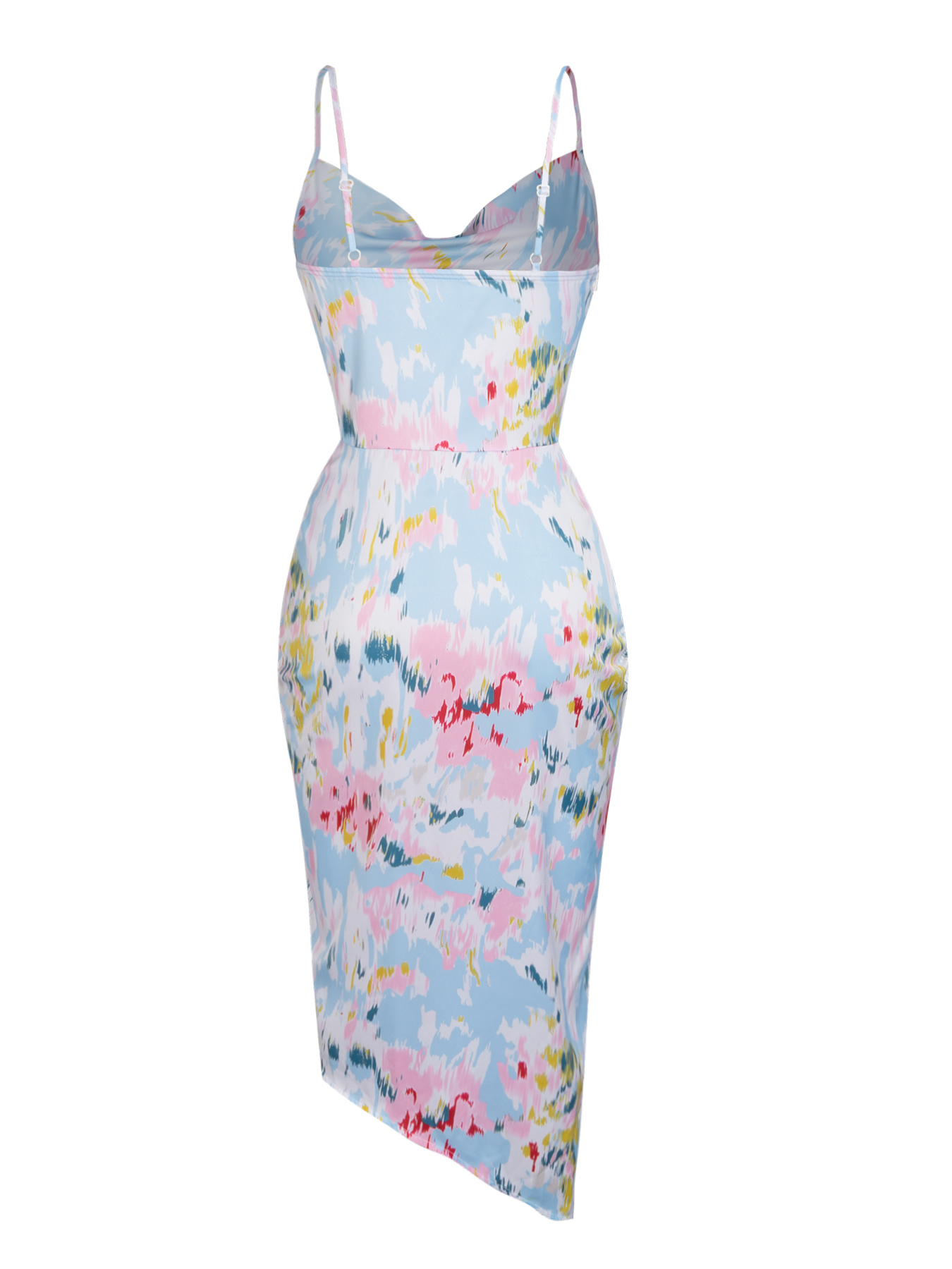 Woman's Pastel Abstract Print Satin Slip Dress with Ruched Detail