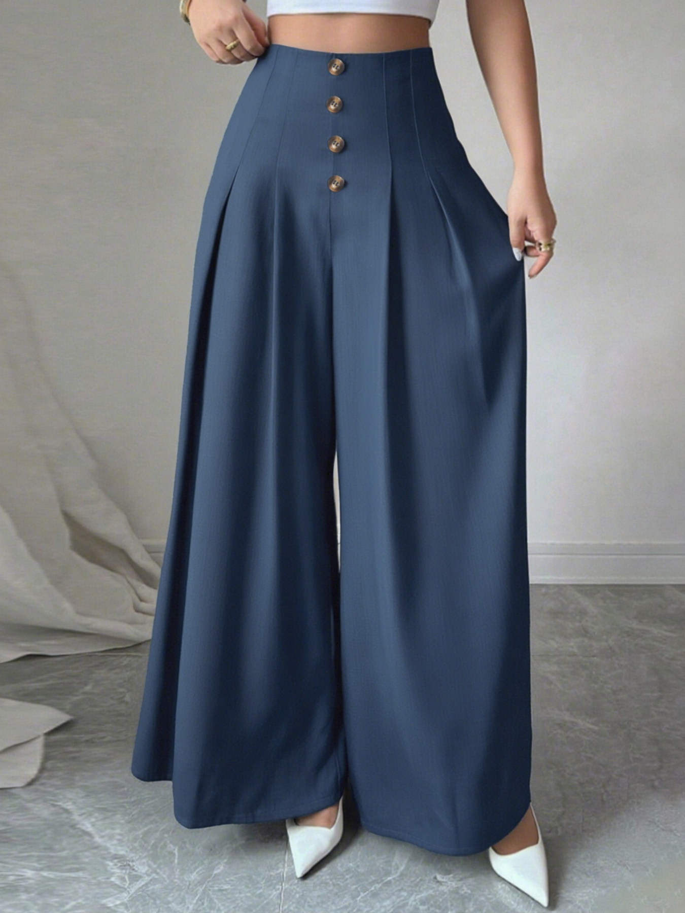 Navy-blue button-up wide-legged pants High-waisted loose-fitting long casual pants