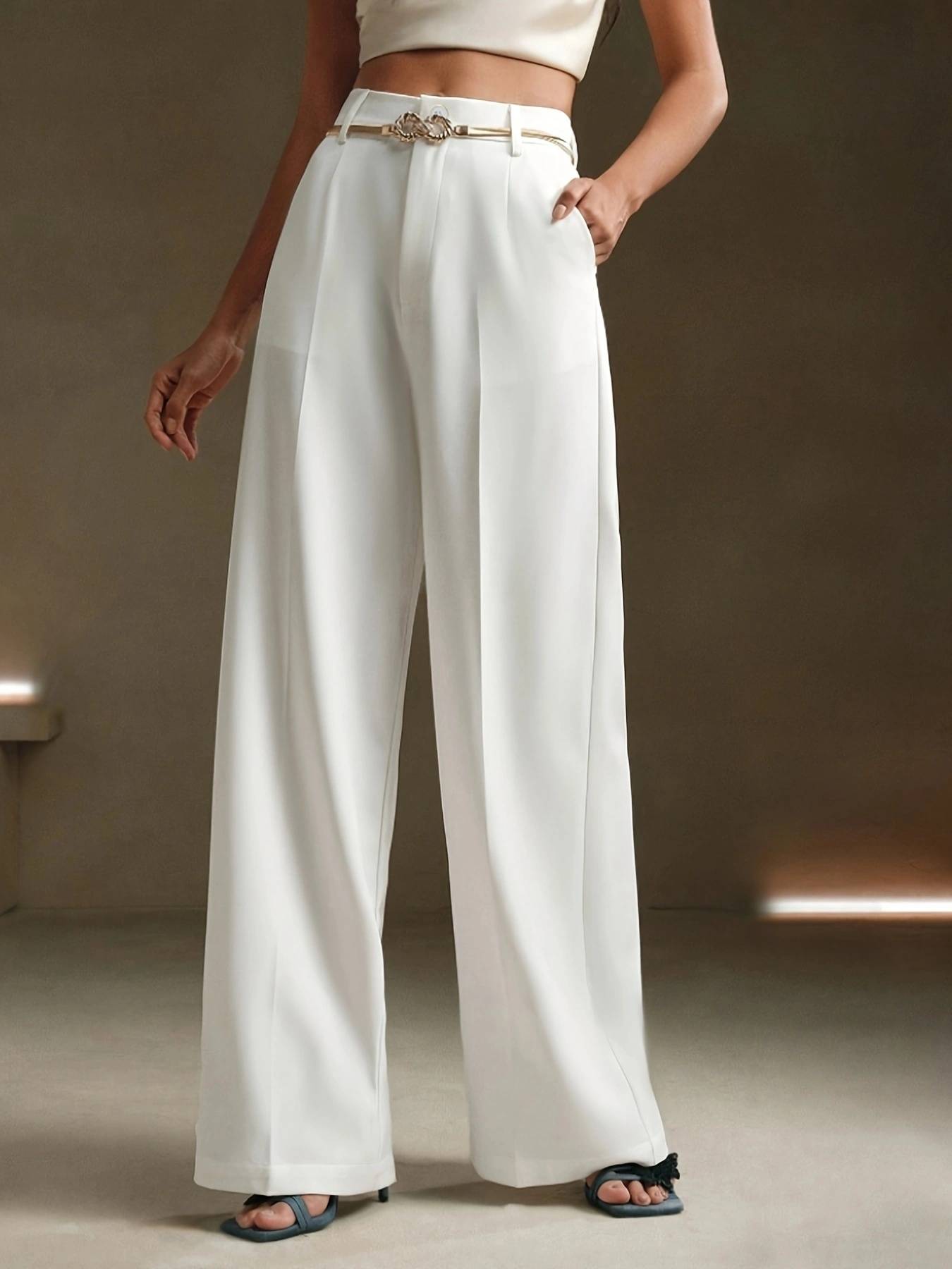 Pantalones blancos con piernas anchas y cintura alta, estilo elegante de mujer-Aegean-sea