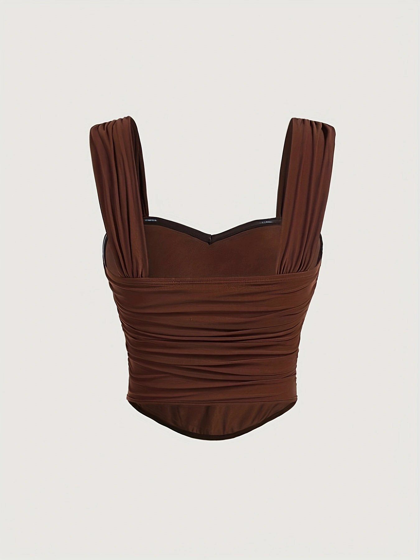Woman's Brown Ruched Sweetheart Neck Wide Strap Crop Top-Aegean-sea