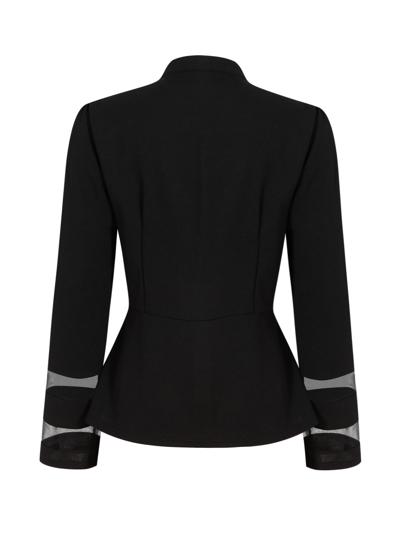 Woman's Black Stand-Collar Waist-Fitted Blazer | Cuff Sheer Mesh Panel Office Suit Jacket-Aegean-sea