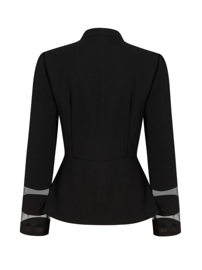 Woman's Black Stand-Collar Waist-Fitted Blazer | Cuff Sheer Mesh Panel Office Suit Jacket-Aegean-sea