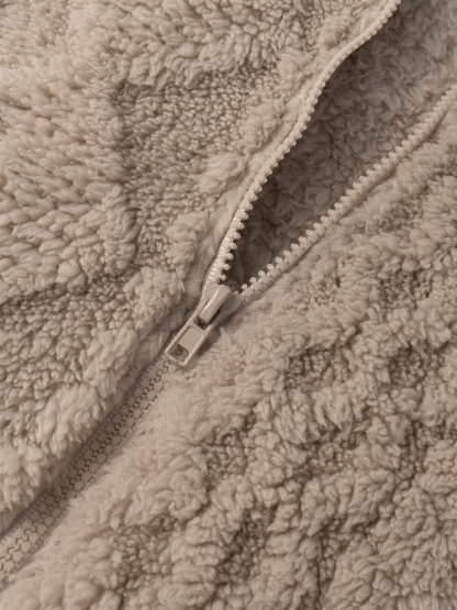 Woman's Soft Lazy Style Khaki Fleece Hooded Coat: Autumn-Winter Warm Mid-Length Textured Zip-Up Coat-Aegean-sea