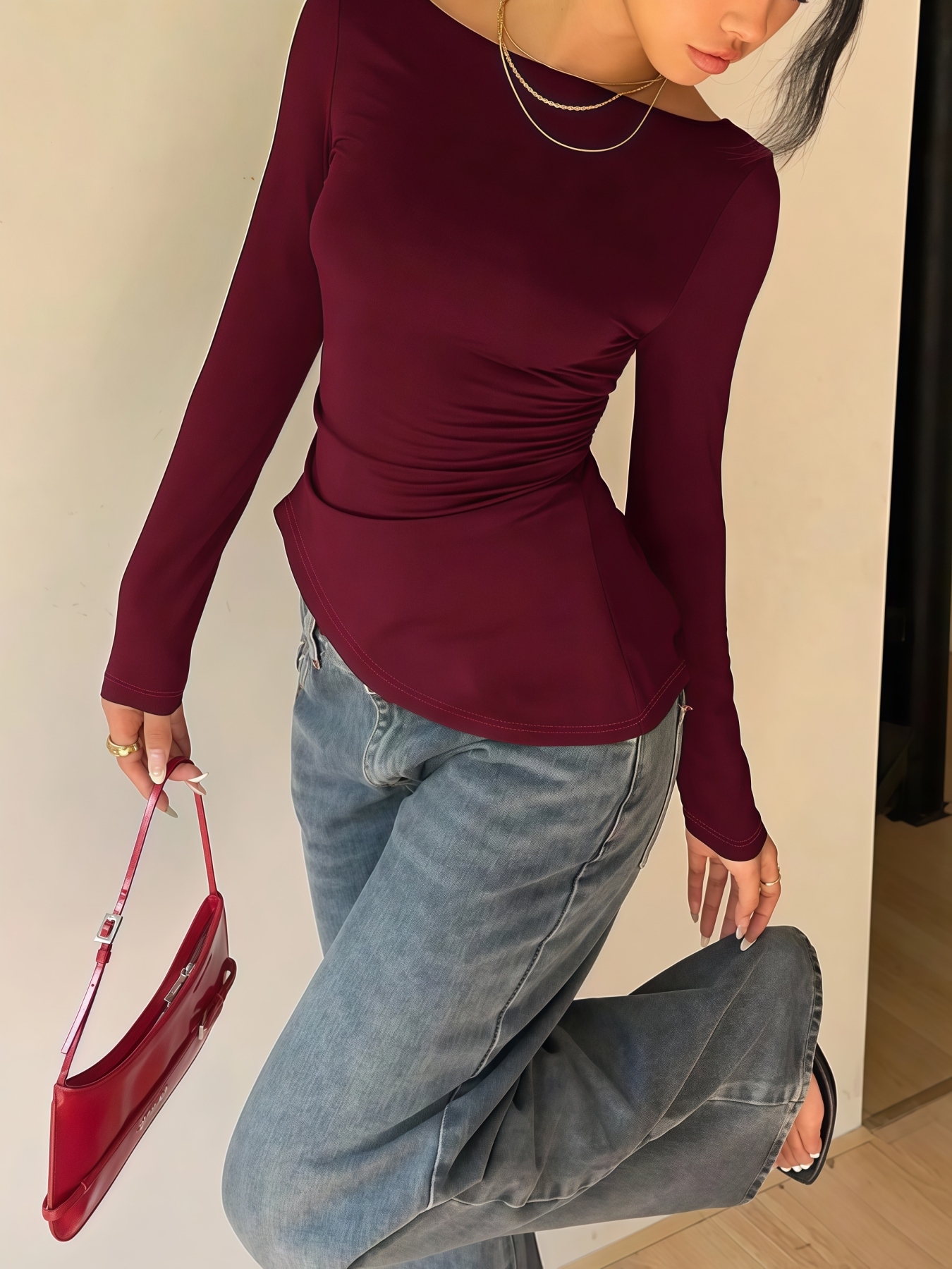 Women's Burgundy Long-Sleeve Off-the-Shoulder Back Lace Cutout Bow-Accent Fitted Blouse