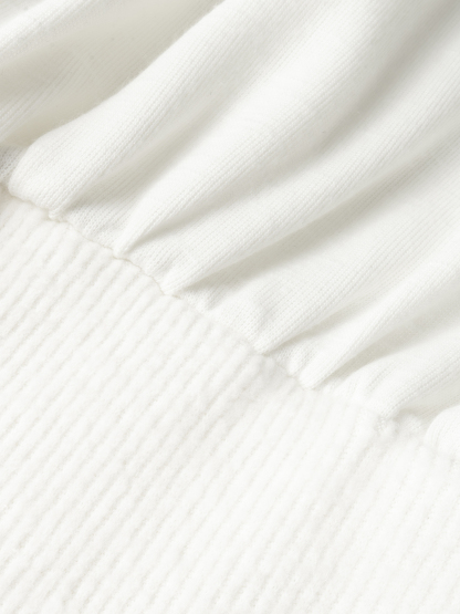 White Off-The-Shoulder Long Sleeve Knit Top with Ribbed Waist