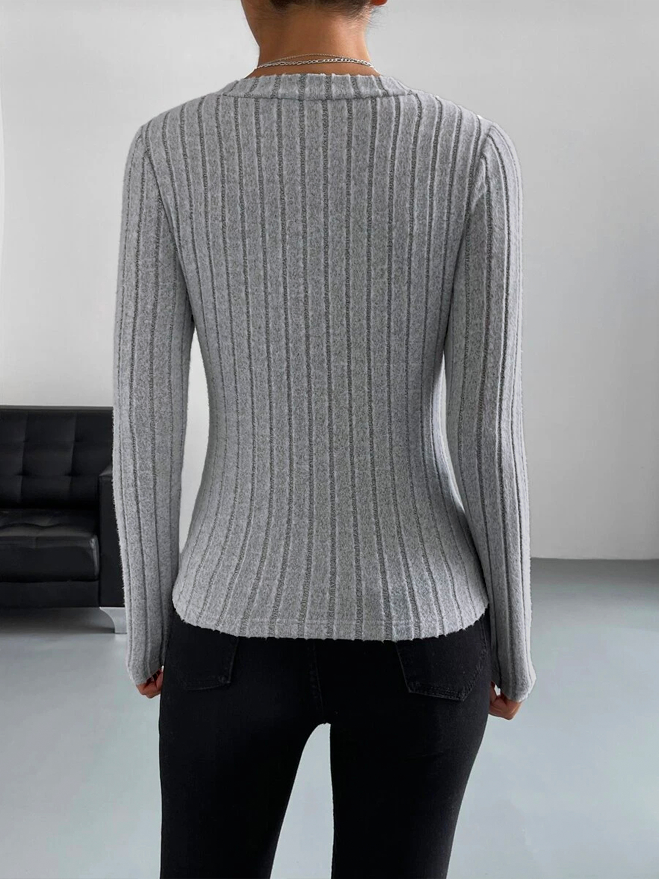 Suéter de manga larga con cuello en V y ribete gris para mujeres-Aegean-sea