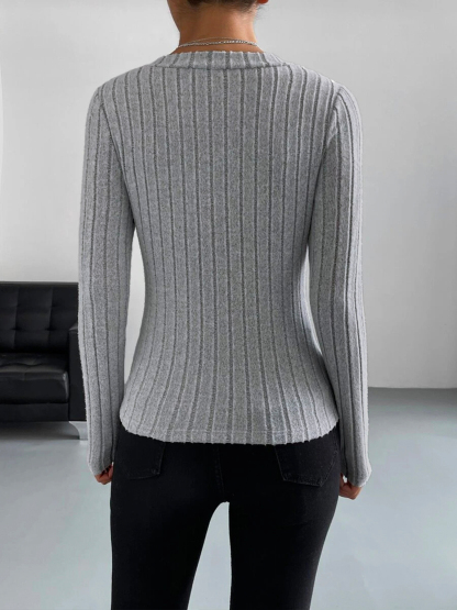 Suéter de manga larga con cuello en V y ribete gris para mujeres-Aegean-sea