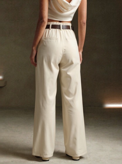 Women's Elegant Corduroy High Waisted Pleated Wide Leg Pants with D-Ring Belt