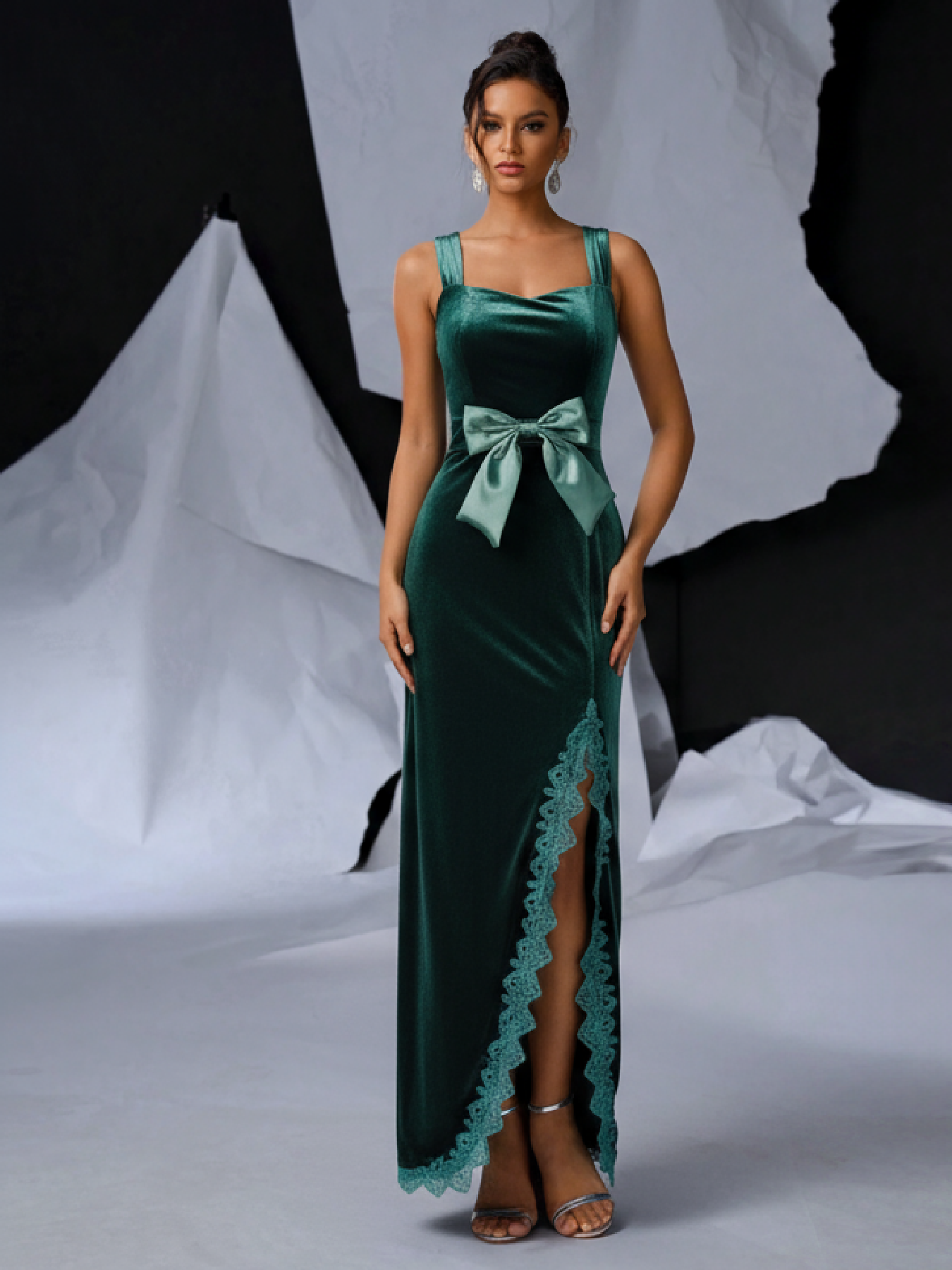 Woman's Dark Green Velvet Square Neck Bow Belt Lace Slit Maxi Dress