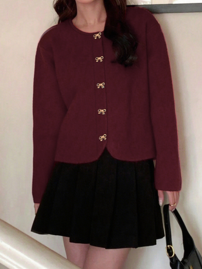 Cardigan de cuello redondo con botón abotonado cortado para mujer-Aegean-sea