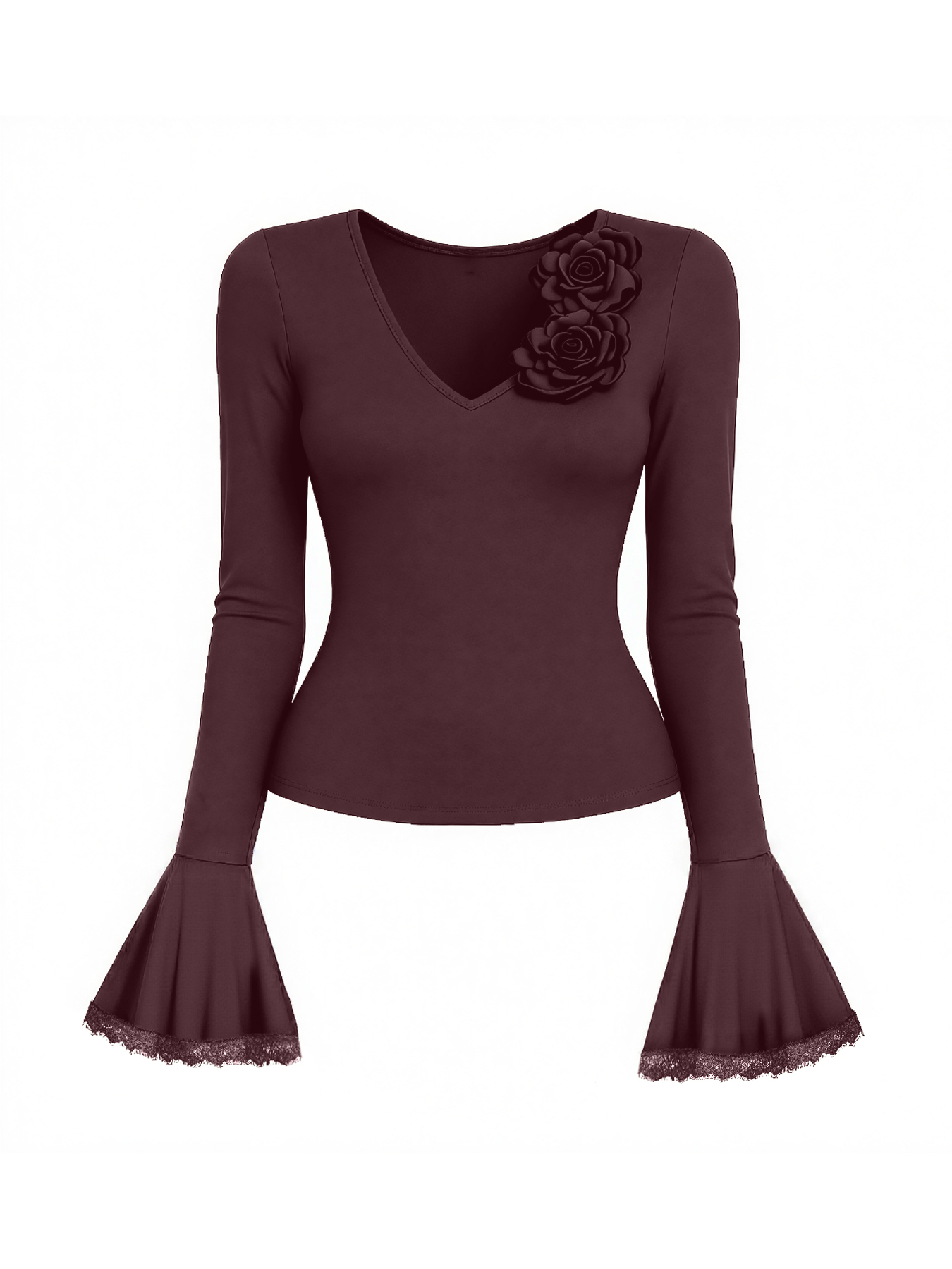 2026 Spring/Summer New Style Fashion Elegant V-neck Three-dimensional Flower Decorated Flared Sleeves Lace Splicing Slim-fit Long-sleeved Top