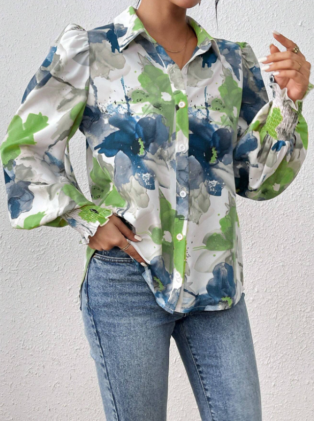 Women's Watercolor Floral Print Blouse - Puff Sleeve Shirred Cuff Button Up Shirt