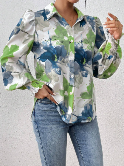 Women's Watercolor Floral Print Blouse - Puff Sleeve Shirred Cuff Button Up Shirt