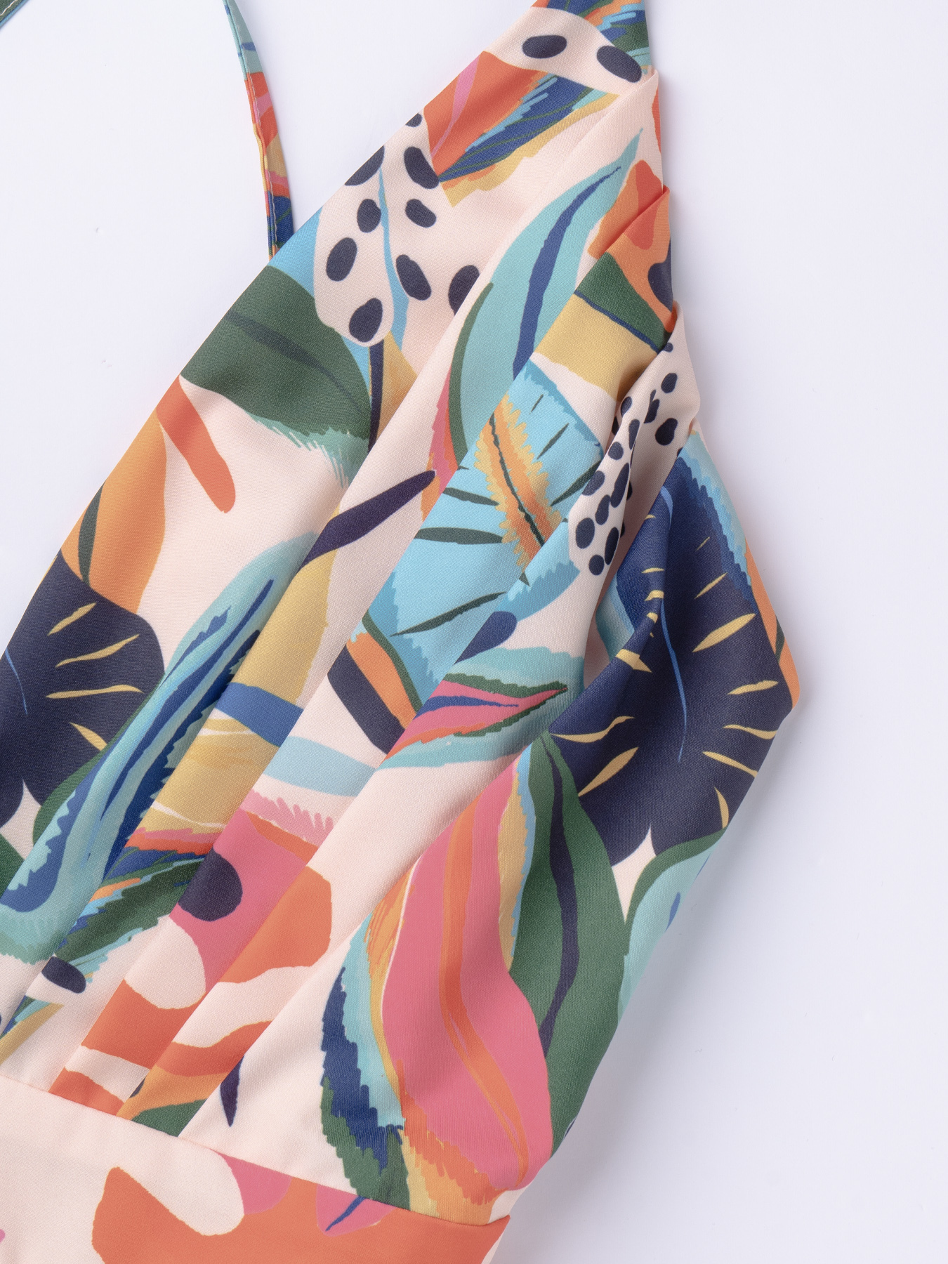 Tropical Plant Print Halter V-Neck Maxi Dress, Vacation Style Dress