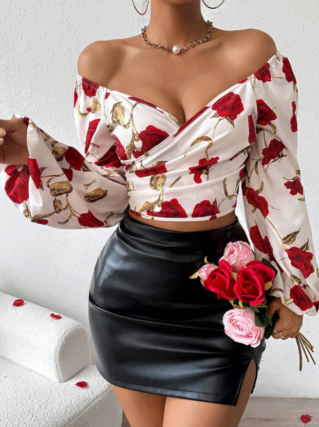 Woman's Rose Print Wrap V-Neck Puff Sleeve Cropped Top-Aegean-sea