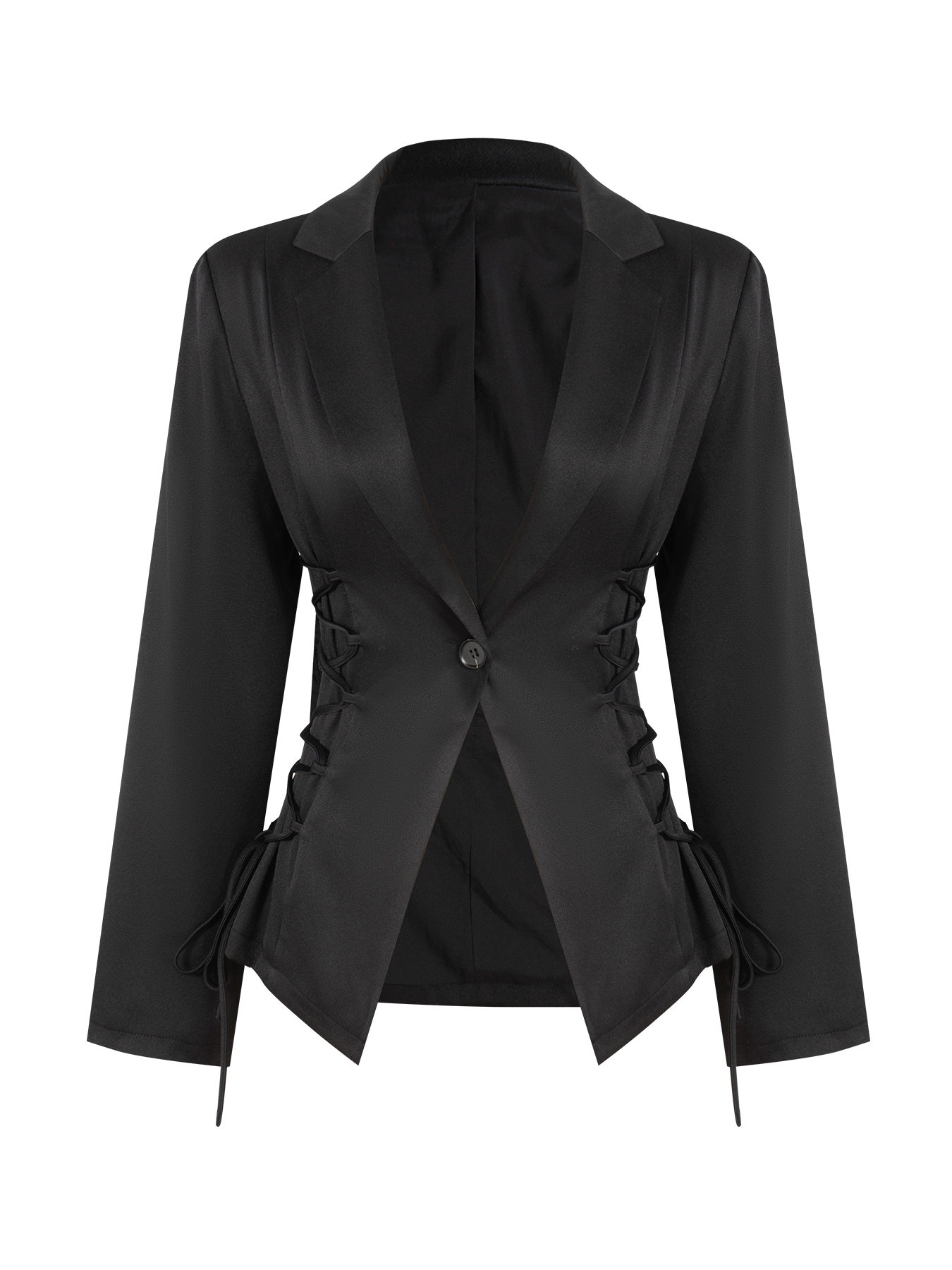 Woman's Black Lace-Up Waist Tailored Blazer-Aegean-sea