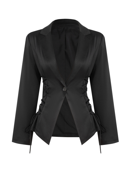 Woman's Black Lace-Up Waist Tailored Blazer-Aegean-sea