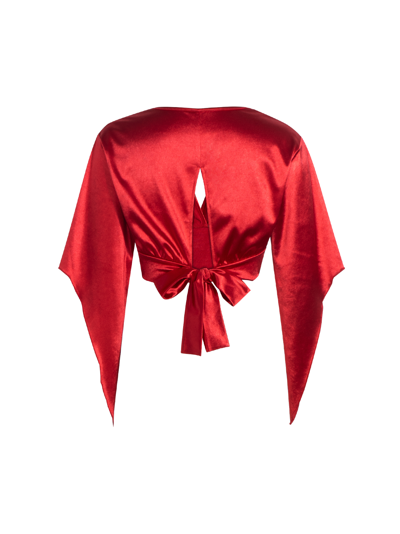 Women's Red Satin Deep V-Neck Bell Sleeve Crop Top-Aegean-sea